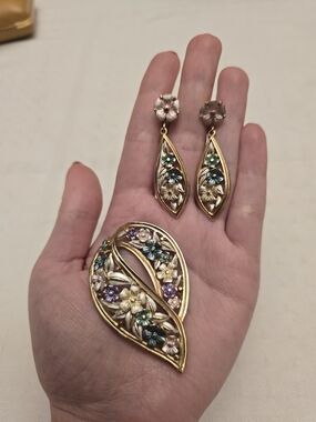 Vintage Floral Enamel Brooch and Clip-On Earring Set